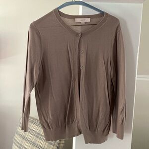 Ann Taylor Loft tan button down cardigan, size large.